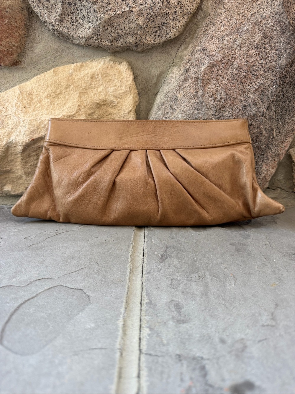 Lauren Merkin Pleated Leather Clutch Purse Tan Brown Very Soft Neutral